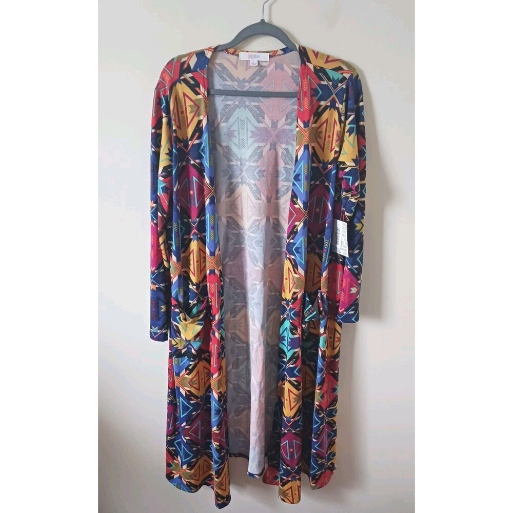 Lularoe Sarah Long Cardigan Womens Multicolor Aztec Print Stretch Pockets Size L